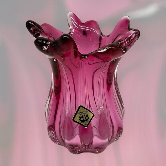 Joseph Hospodka VASE Chribska Glassworks Chzech Bohemian 5 Inch Cranberry VTG - Picture 2 of 15